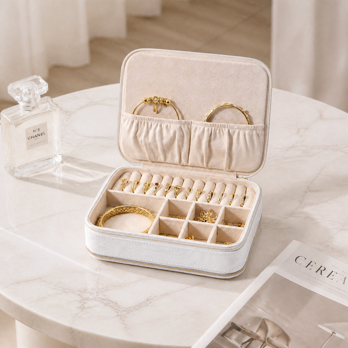 Portable PU Leather Jewelry Box, Double Zipper Travel Jewelry Organizer, Small Jewelry Storage Case for Rings Earrings Necklaces, Birthday Gift
