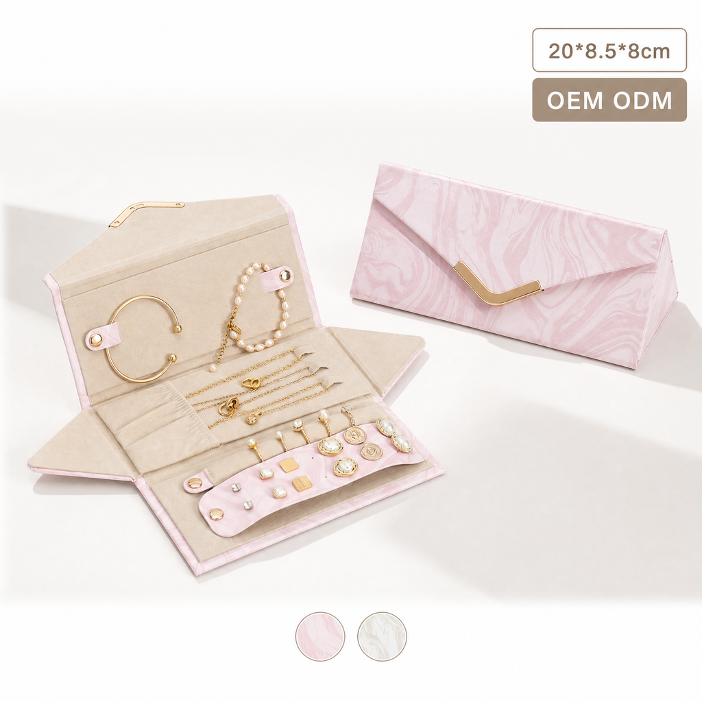 Folding PU Leather Jewelry Box, Envelope Style Portable Travel Jewelry Organizer, Marble Pattern Storage Case for Rings Earrings Necklaces, Gift for Women