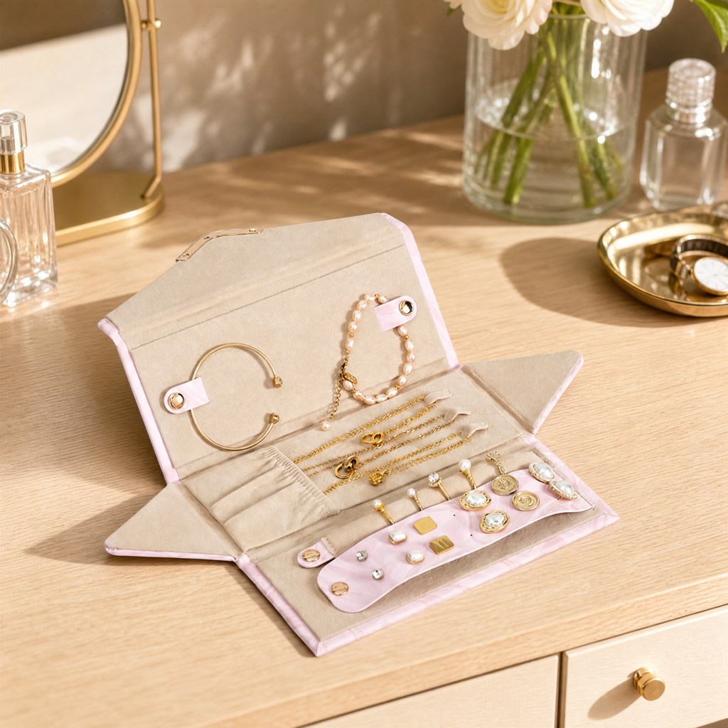 Folding PU Leather Jewelry Box, Envelope Style Portable Travel Jewelry Organizer, Marble Pattern Storage Case for Rings Earrings Necklaces, Gift for Women