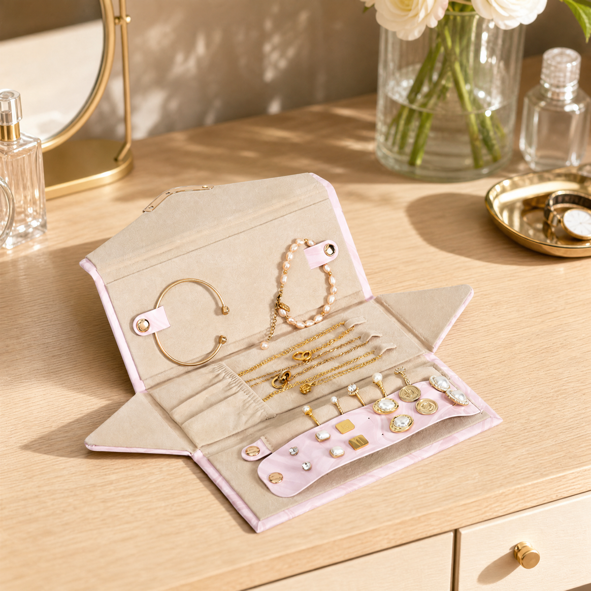 Folding PU Leather Jewelry Box, Envelope Style Portable Travel Jewelry Organizer, Marble Pattern Storage Case for Rings Earrings Necklaces, Gift for Women