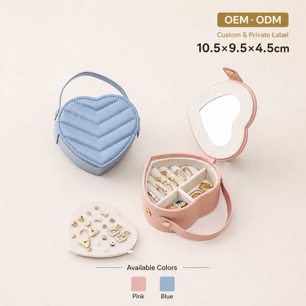 Heart-shaped Travel Jewelry Box with Mirror, Portable PU Leather Jewelry Organizer Case for Rings, Earrings & Necklaces