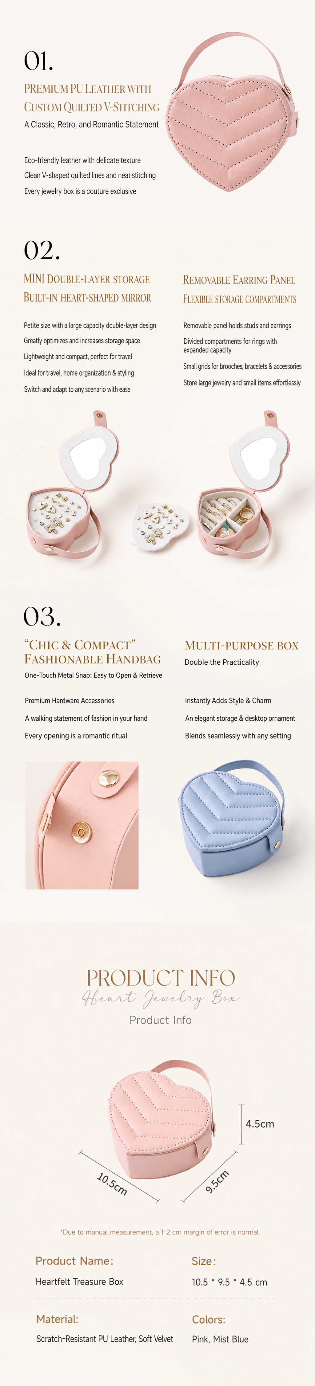 Heart-shaped Travel Jewelry Box with Mirror, Portable PU Leather Jewelry Organizer Case for Rings, Earrings & Necklaces