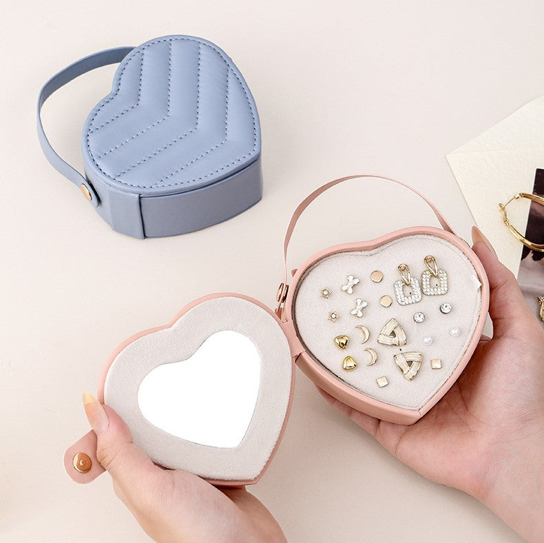 Heart-shaped Travel Jewelry Box with Mirror, Portable PU Leather Jewelry Organizer Case for Rings, Earrings & Necklaces