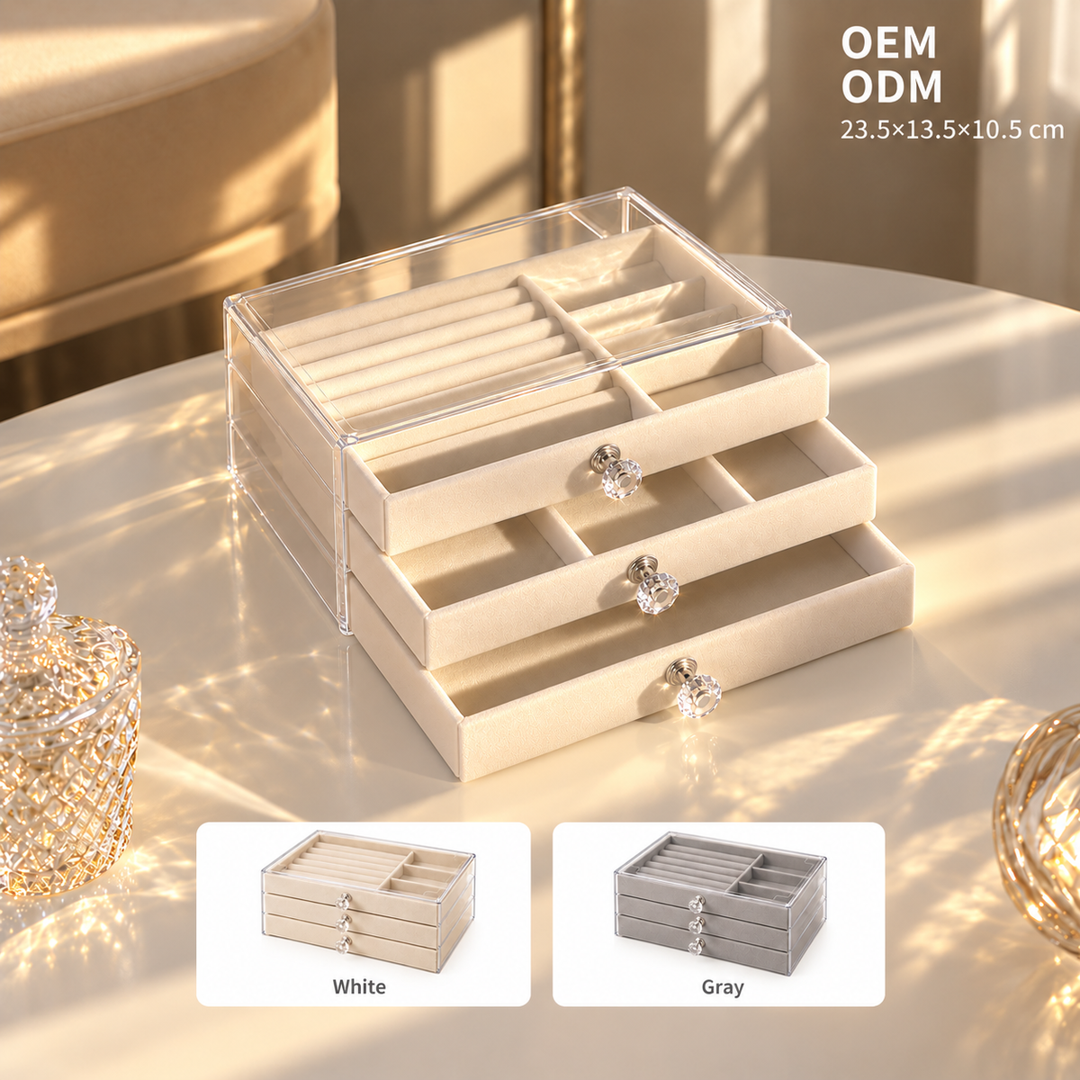 3 drawer jewelry box
acrylic cosmetic organizer
velvet storage case
clear drawer vanity box
makeup organizer