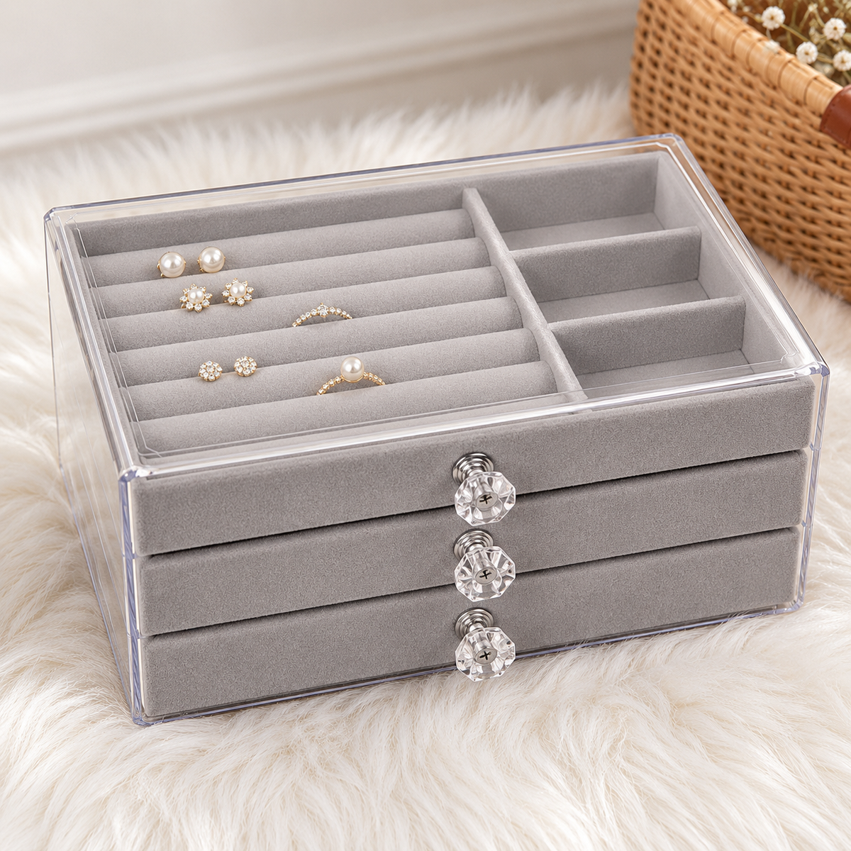 3 drawer jewelry box
acrylic cosmetic organizer
velvet storage case
clear drawer vanity box
makeup organizer