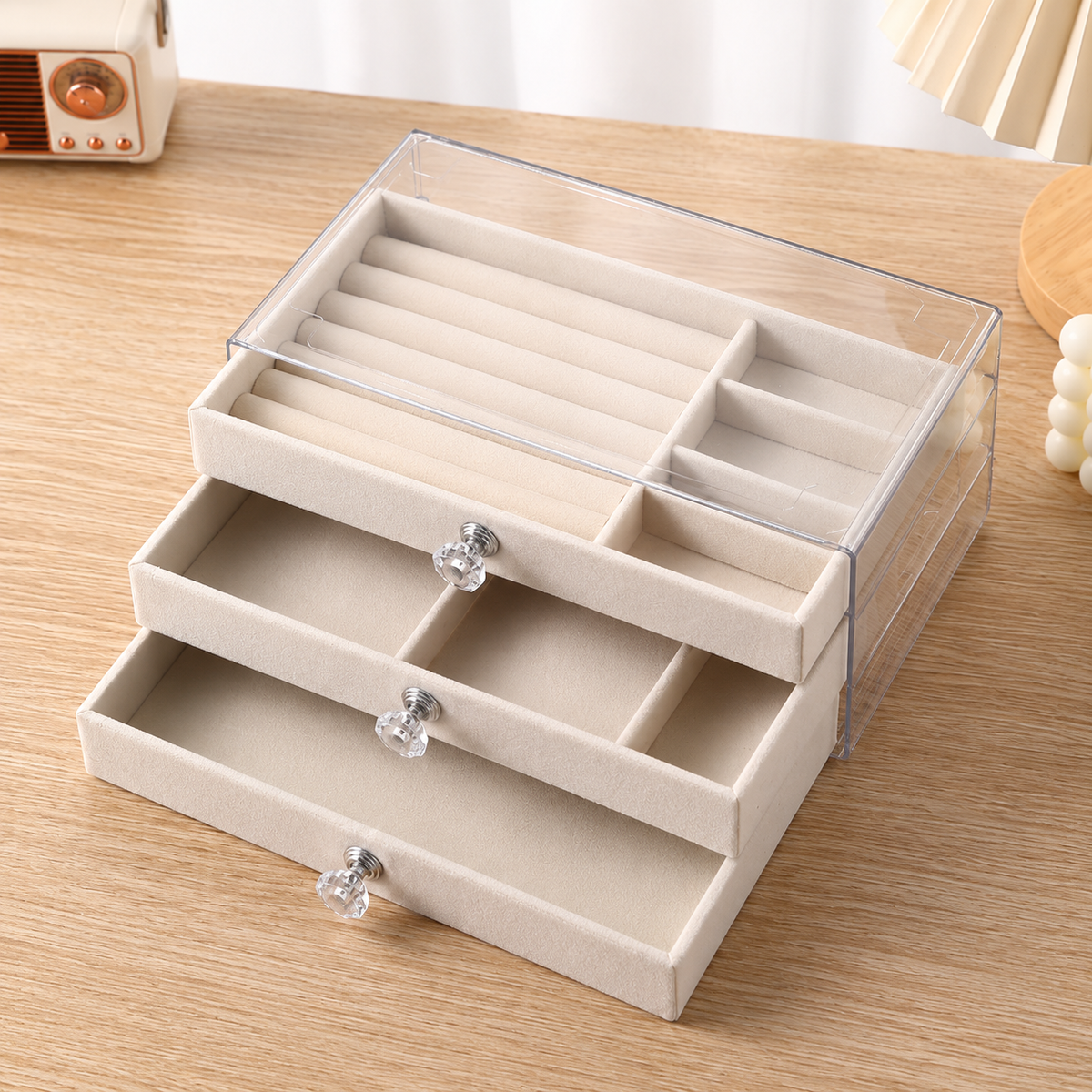 3 drawer jewelry box
acrylic cosmetic organizer
velvet storage case
clear drawer vanity box
makeup organizer