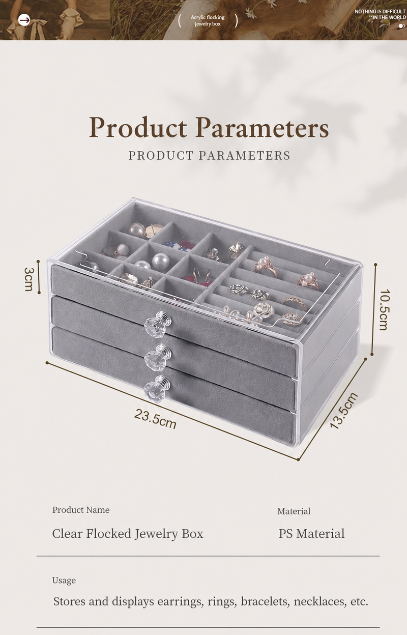3 drawer jewelry box
acrylic cosmetic organizer
velvet storage case
clear drawer vanity box
makeup organizer