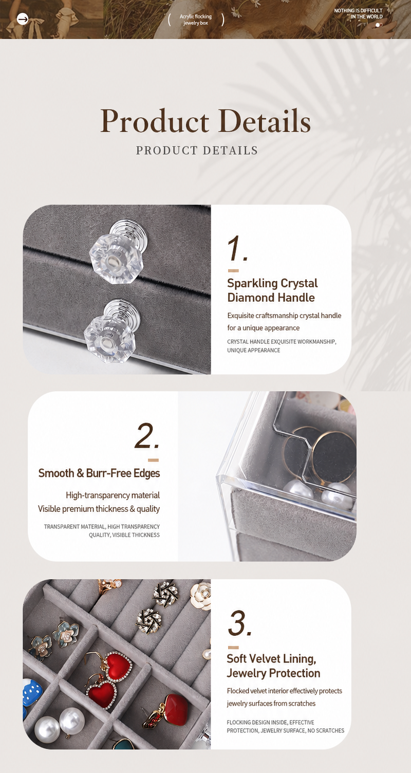 3-Drawer Velvet Jewelry Organizer Box, Clear Acrylic Cosmetic Storage Case for Vanity