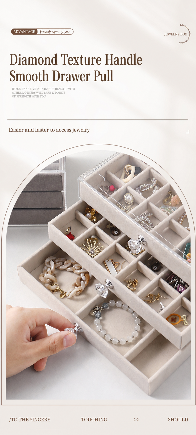 3-Drawer Velvet Jewelry Organizer Box, Clear Acrylic Cosmetic Storage Case for Vanity