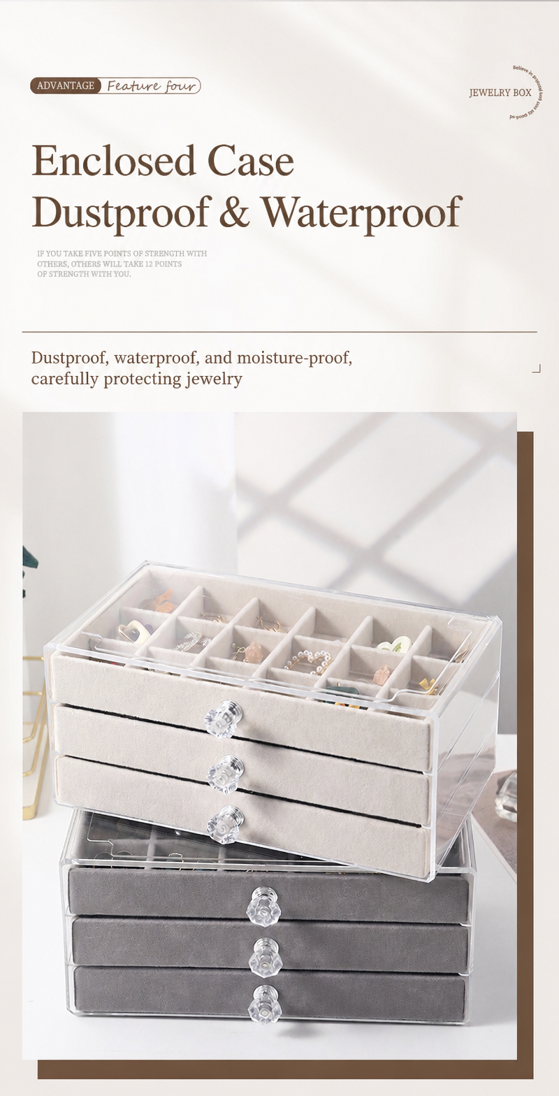 3-Drawer Velvet Jewelry Organizer Box, Clear Acrylic Cosmetic Storage Case for Vanity