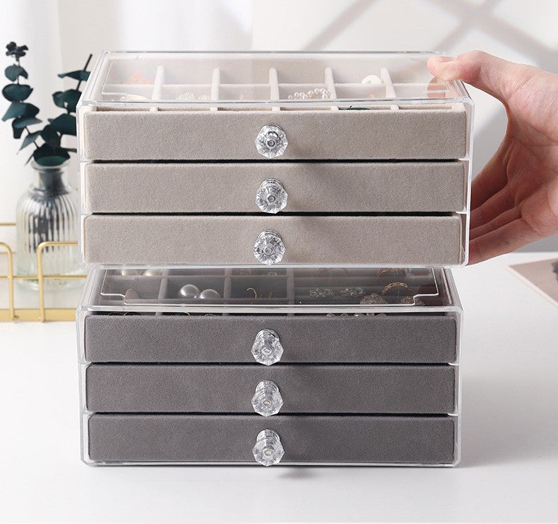 3 drawer jewelry box
18 grid ring organizer
velvet earring box
clear acrylic jewelry case
ring storage box
