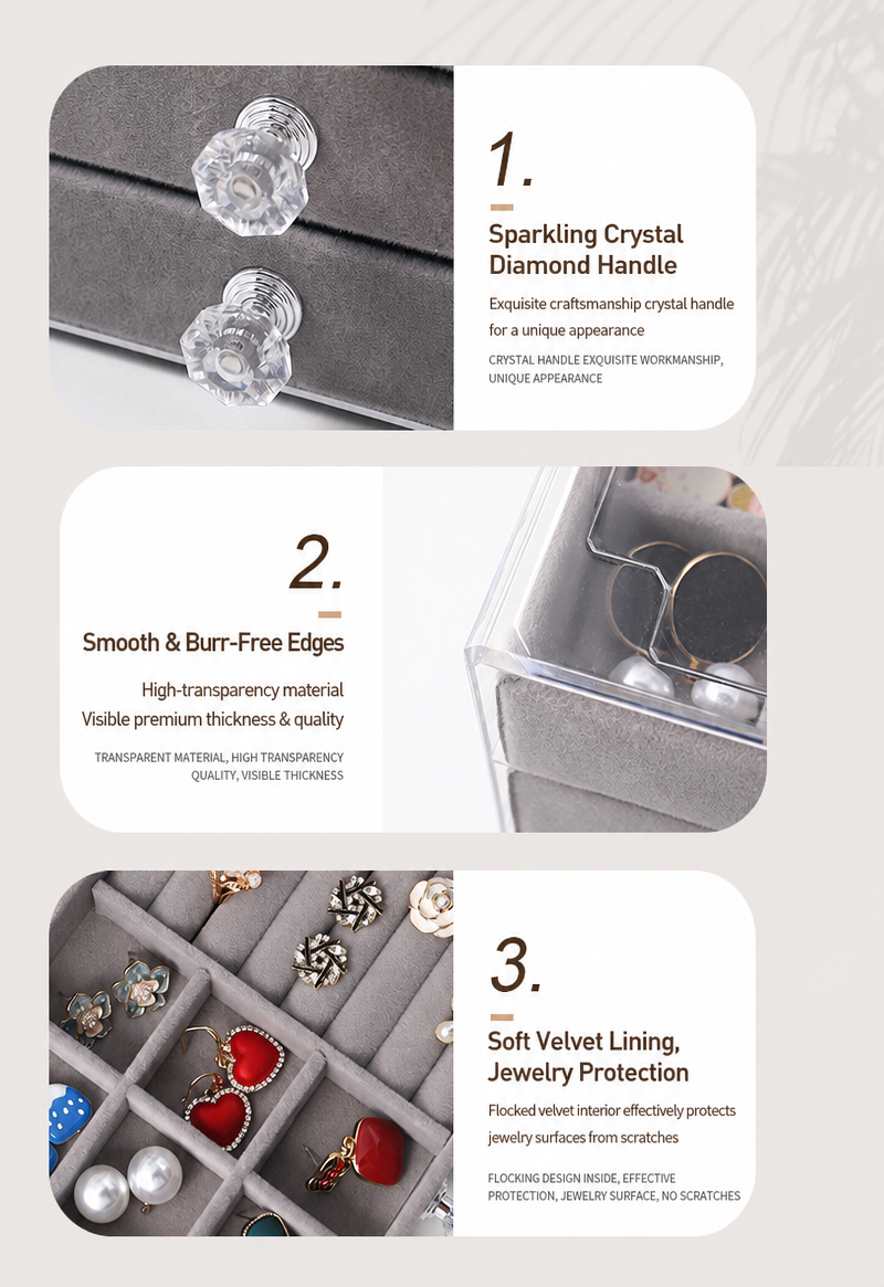 3-Drawer 18-Grid Velvet Jewelry Box, Clear Acrylic Ring Earring Organizer Case