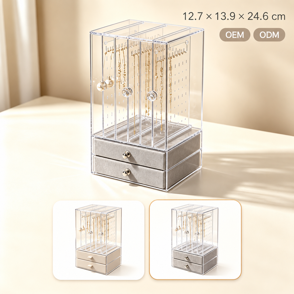 velvet jewelry organizer
acrylic cosmetic box 3 open 2 drawer
clear jewelry storage gray
vanity makeup case
jewelry organizer box