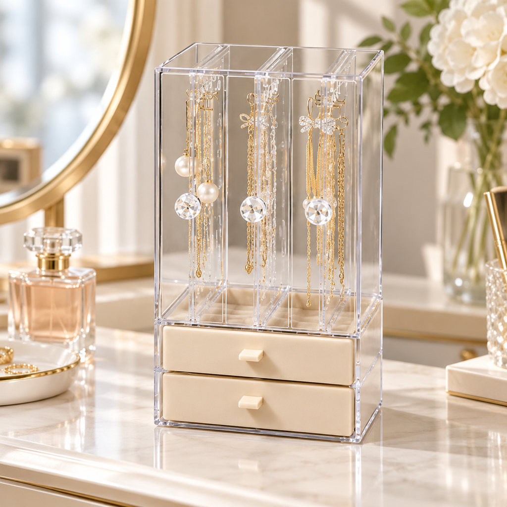 acrylic cosmetic organizer
3 open 2 drawer clear box
beige makeup storage
vanity organizer skincare
jewelry organizer box