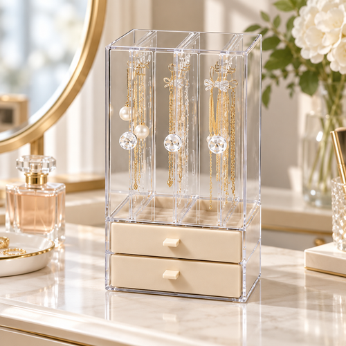 acrylic cosmetic organizer
3 open 2 drawer clear box
beige makeup storage
vanity organizer skincare
jewelry organizer box