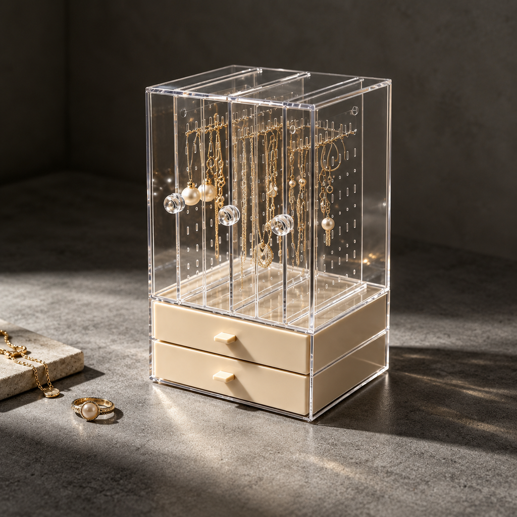 acrylic cosmetic organizer
3 open 2 drawer clear box
beige makeup storage
vanity organizer skincare
jewelry organizer box