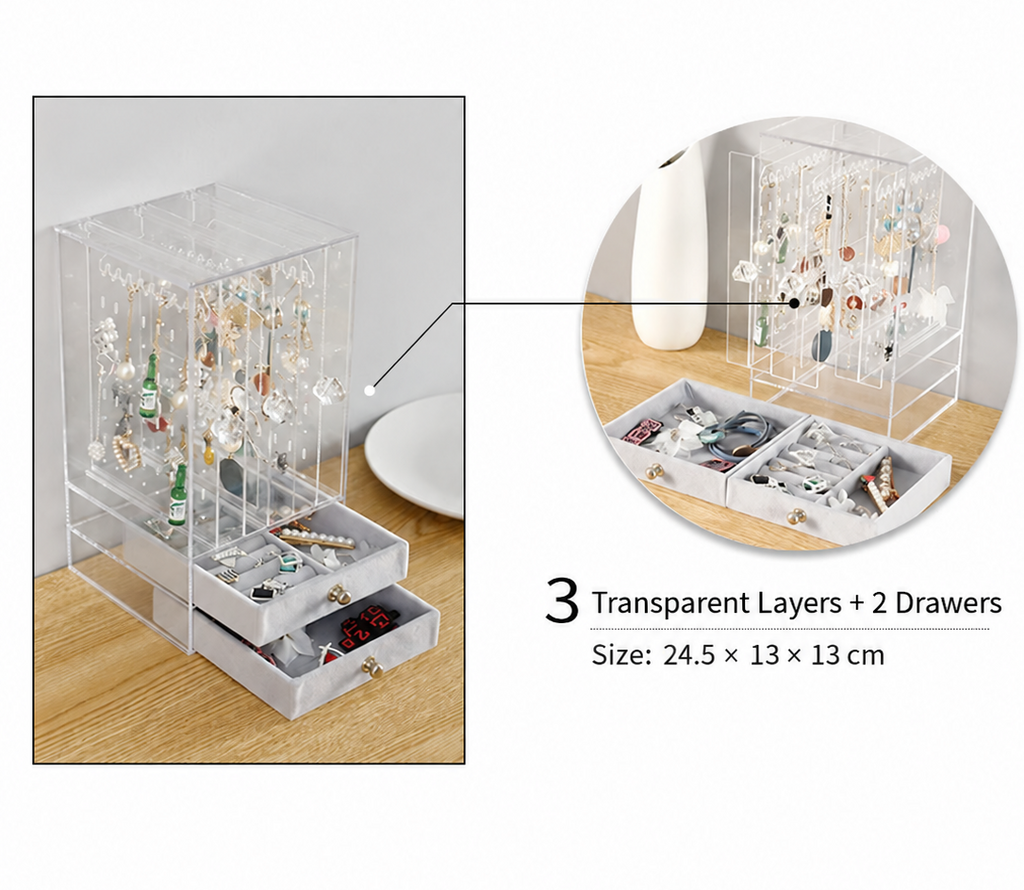 velvet jewelry organizer
acrylic cosmetic box 3 open 2 drawer
clear jewelry storage gray
vanity makeup case
jewelry organizer box