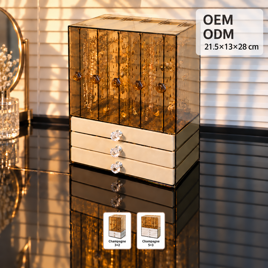champagne jewelry box
5 open 3 drawer organizer
large acrylic cosmetic box
velvet jewelry storage tall
luxury jewelry box
