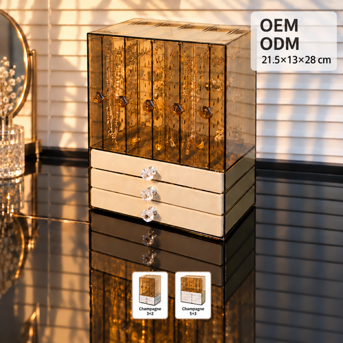 champagne jewelry box
5 open 3 drawer organizer
large acrylic cosmetic box
velvet jewelry storage tall
luxury jewelry box