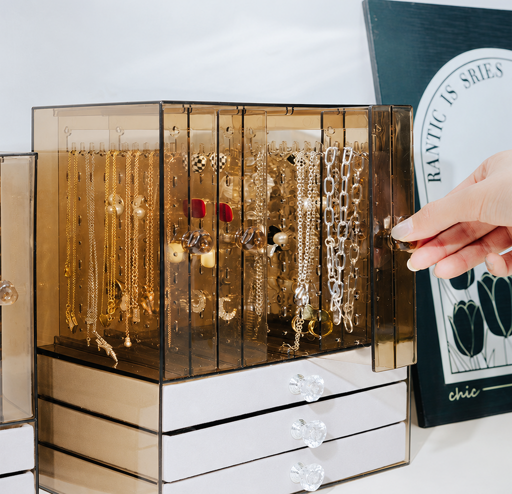 champagne jewelry box
5 open 3 drawer organizer
large acrylic cosmetic box
velvet jewelry storage tall
luxury jewelry box