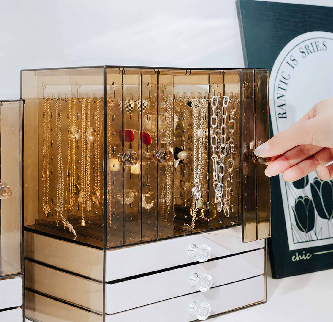 champagne jewelry box
5 open 3 drawer organizer
large acrylic cosmetic box
velvet jewelry storage tall
luxury jewelry box