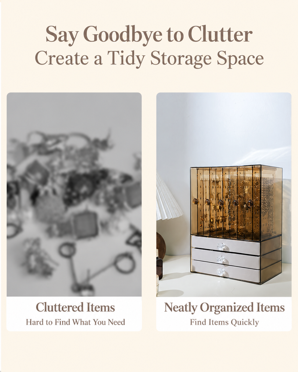 Champagne 5-Open 3-Drawer Velvet Jewelry Box, Tall Clear Acrylic Cosmetic Organizer