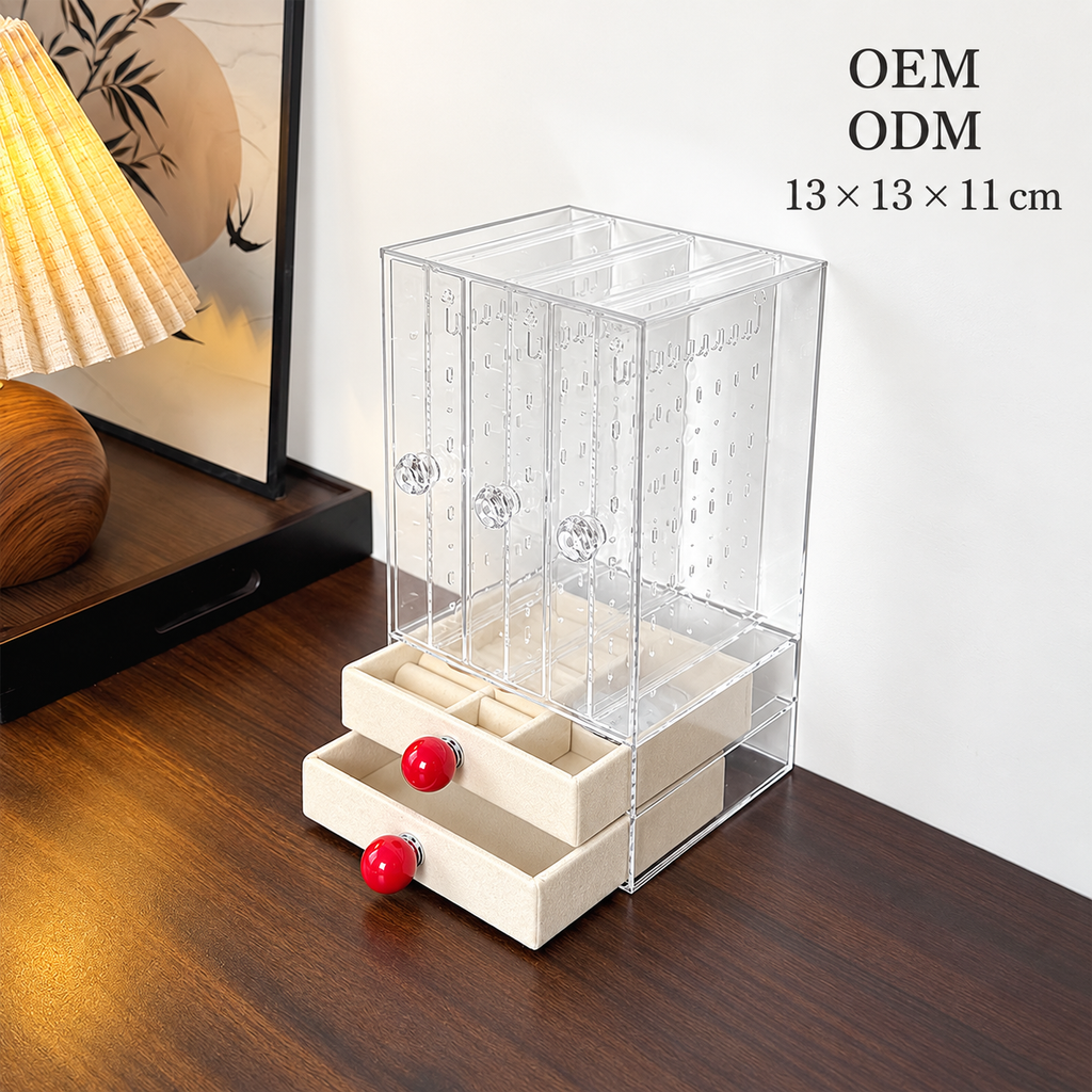 3 open 2 drawer jewelry box
acrylic cosmetic organizer
beige velvet storage
clear drawer vanity box
makeup organizer
