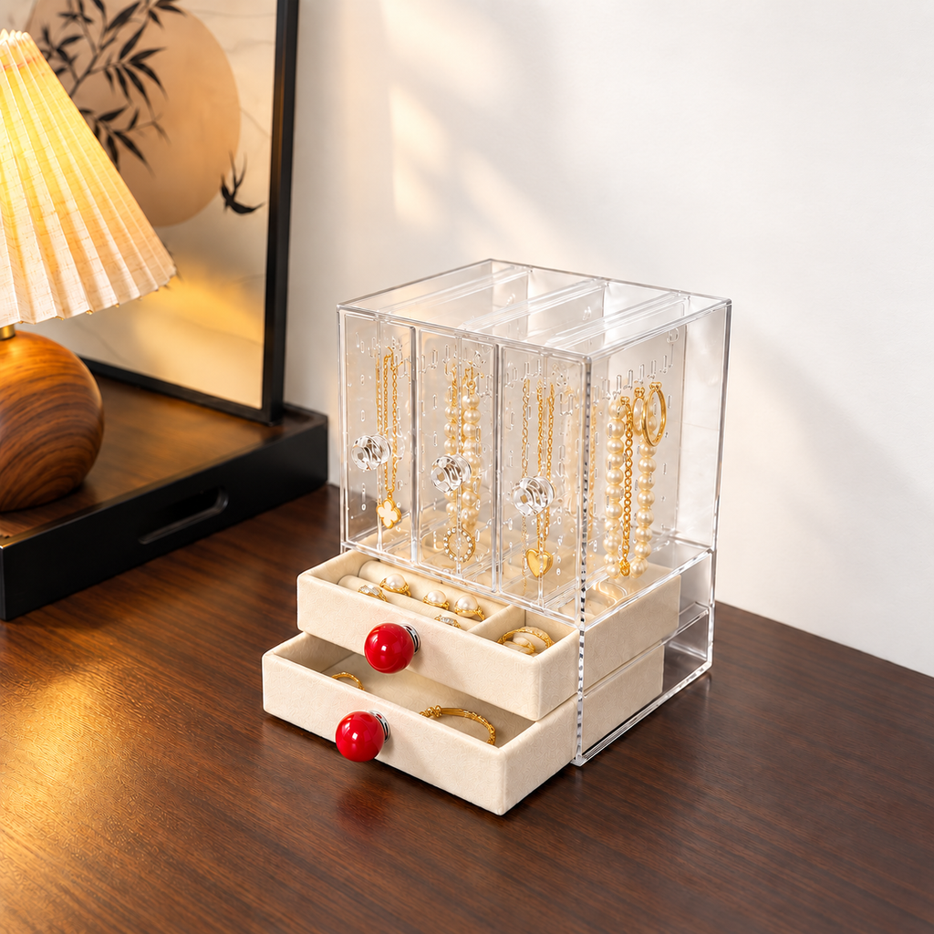 3 open 2 drawer jewelry box
acrylic cosmetic organizer
beige velvet storage
clear drawer vanity box
makeup organizer