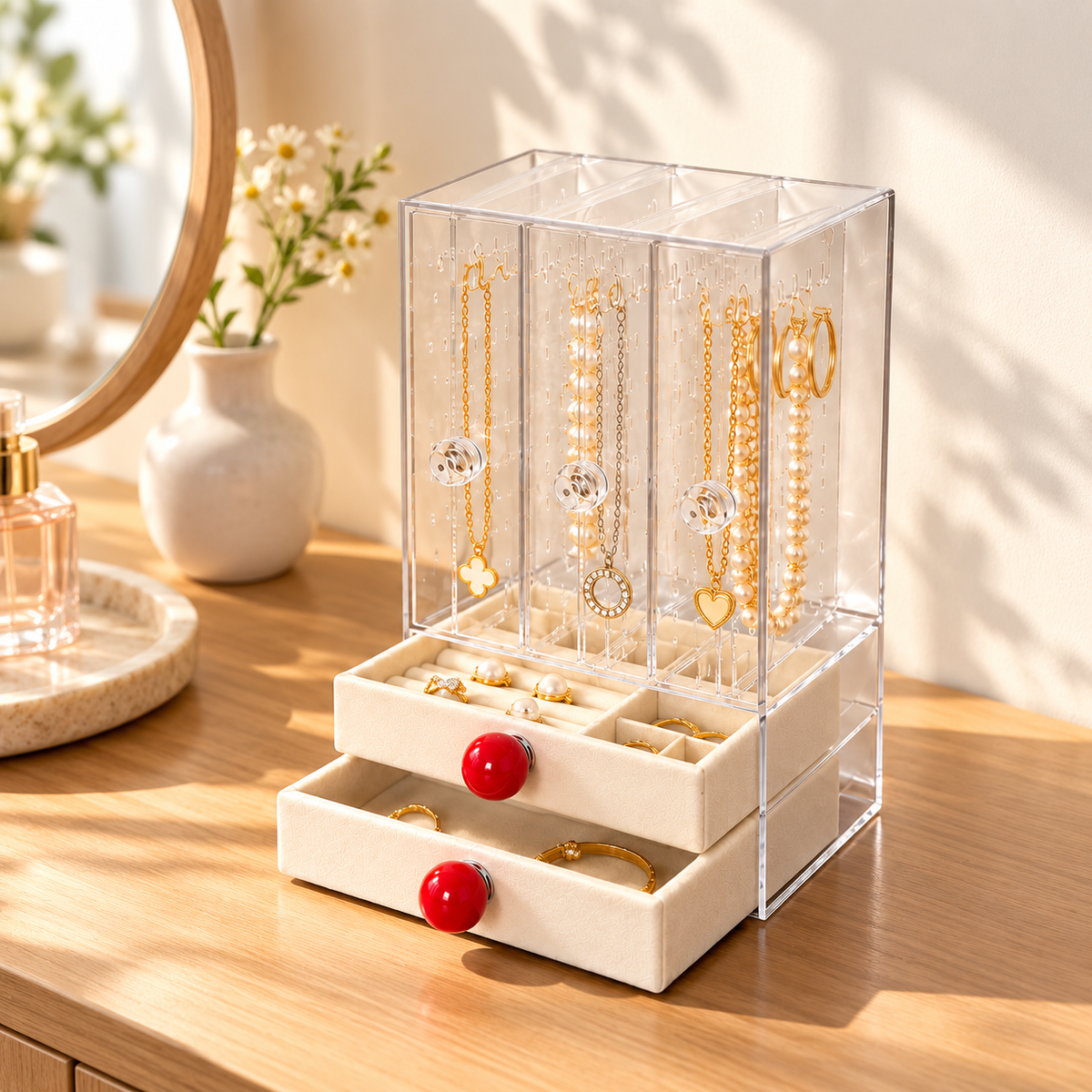 3 open 2 drawer jewelry box
acrylic cosmetic organizer
beige velvet storage
clear drawer vanity box
makeup organizer