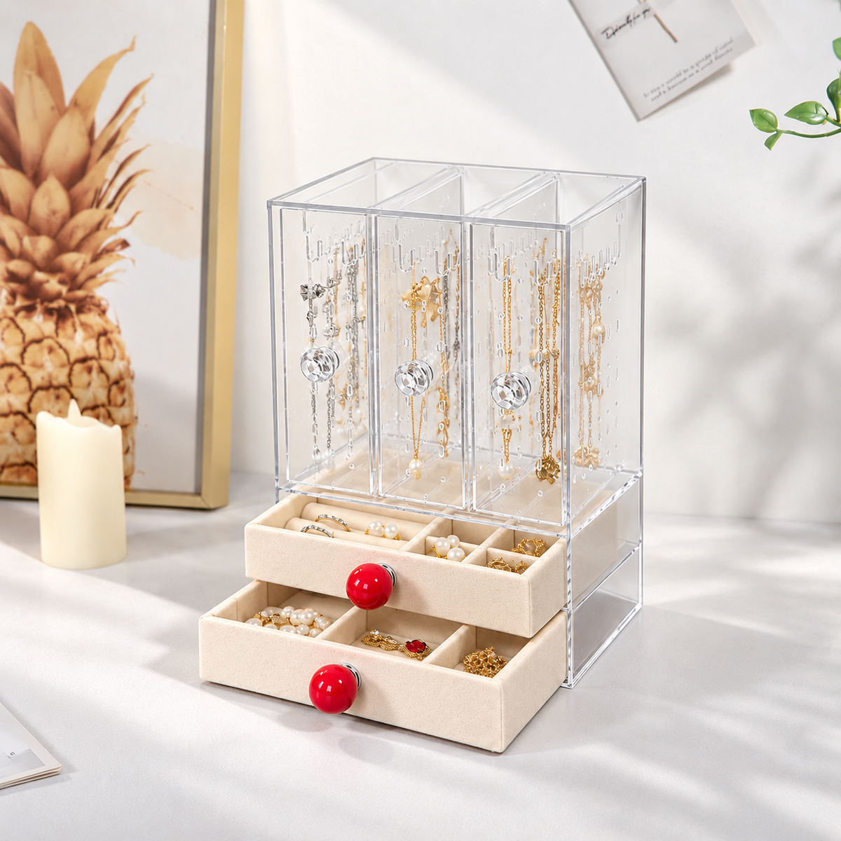 3 open 2 drawer jewelry box
acrylic cosmetic organizer
beige velvet storage
clear drawer vanity box
makeup organizer