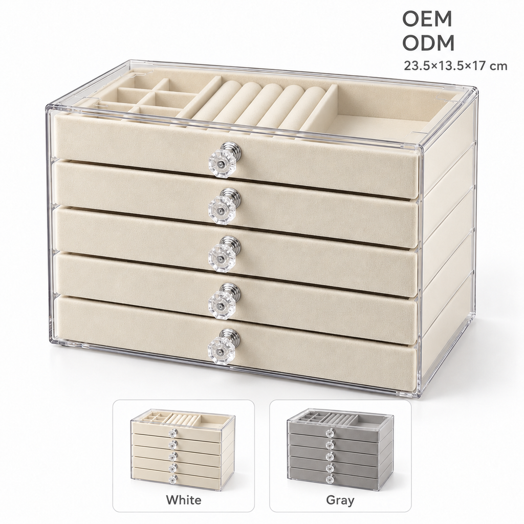 5 drawer velvet box
acrylic cosmetic organizer
gray jewelry storage
clear drawer vanity box
makeup organizer with drawers