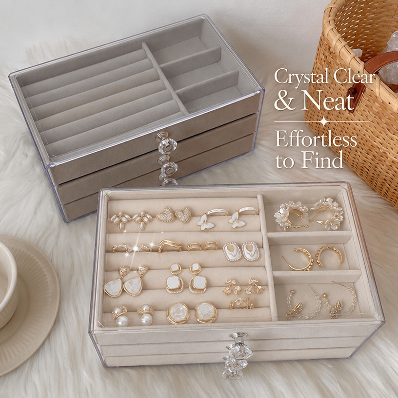 5 drawer velvet box
acrylic cosmetic organizer
gray jewelry storage
clear drawer vanity box
makeup organizer with drawers