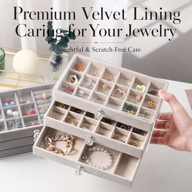5 drawer velvet box
acrylic cosmetic organizer
gray jewelry storage
clear drawer vanity box
makeup organizer with drawers