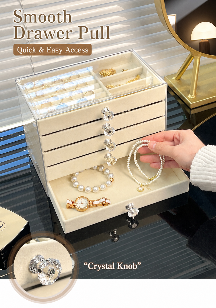 5 drawer velvet box
acrylic cosmetic organizer
gray jewelry storage
clear drawer vanity box
makeup organizer with drawers