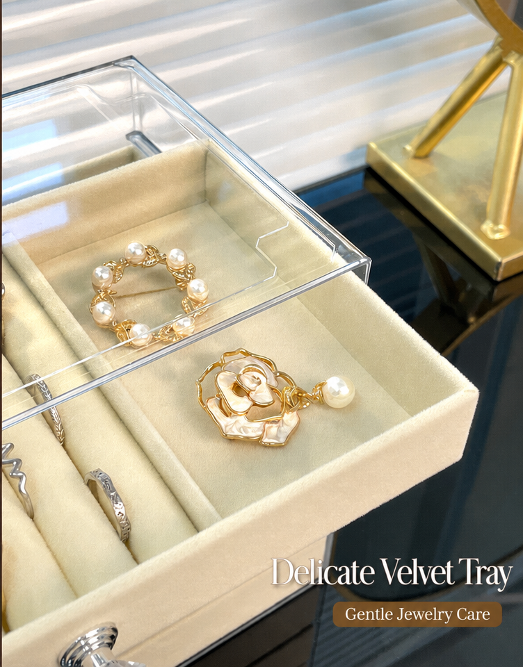 5 drawer velvet box
acrylic cosmetic organizer
gray jewelry storage
clear drawer vanity box
makeup organizer with drawers