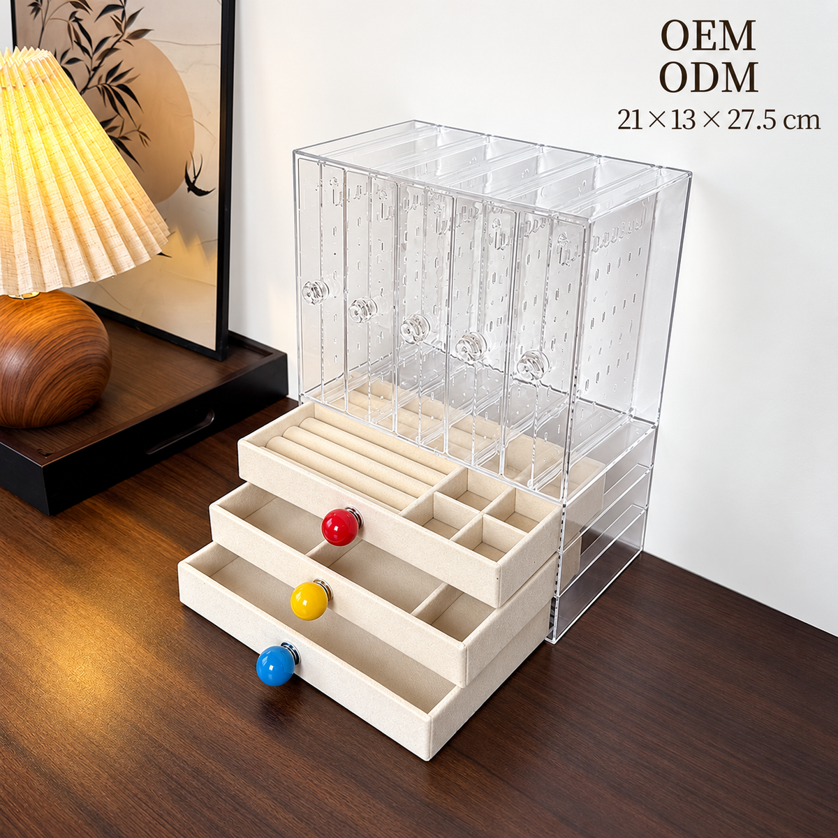 5 open 3 drawer jewelry box
large acrylic cosmetic organizer
beige velvet storage tall
vanity makeup organizer
jewelry box large