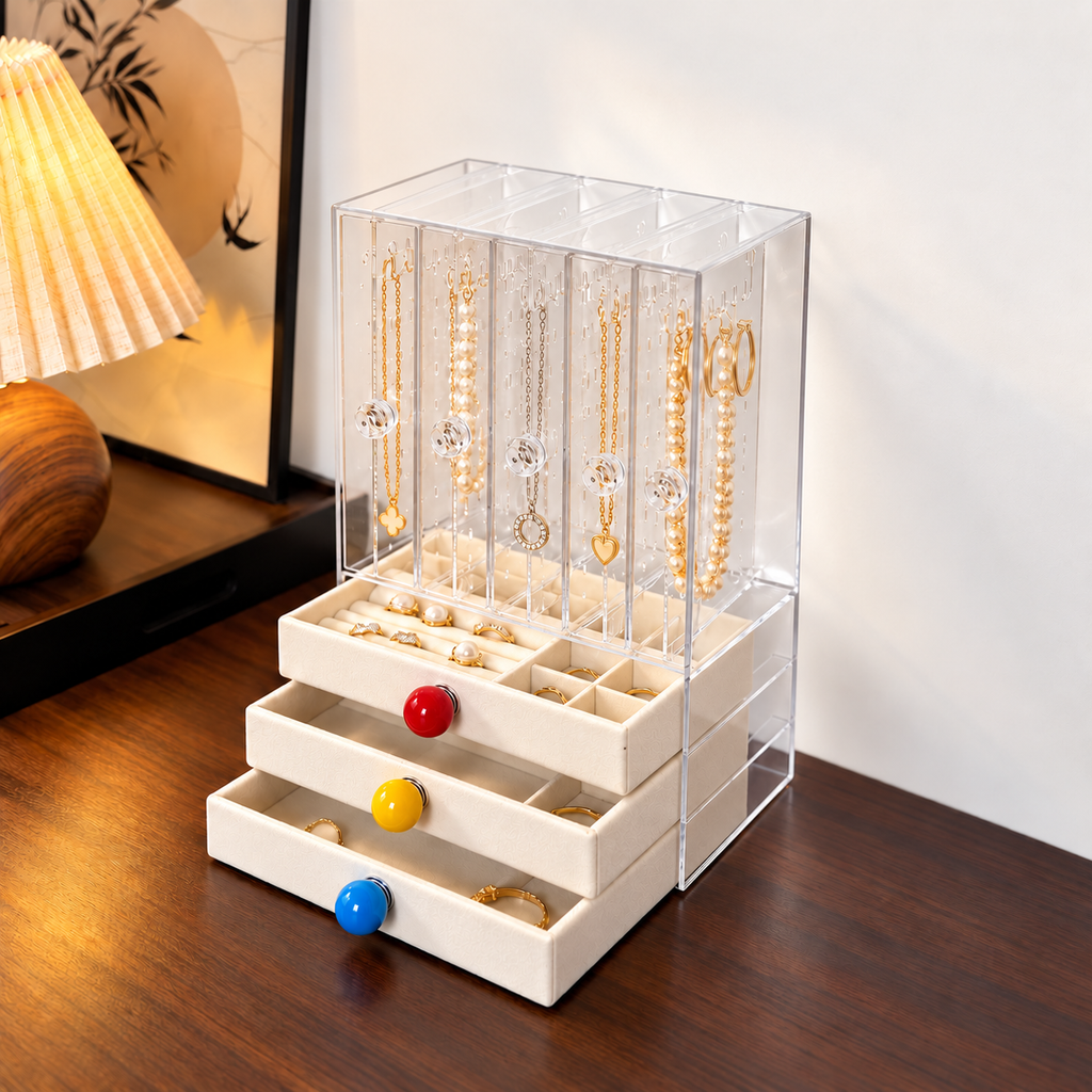 5 open 3 drawer jewelry box
large acrylic cosmetic organizer
beige velvet storage tall
vanity makeup organizer
jewelry box large