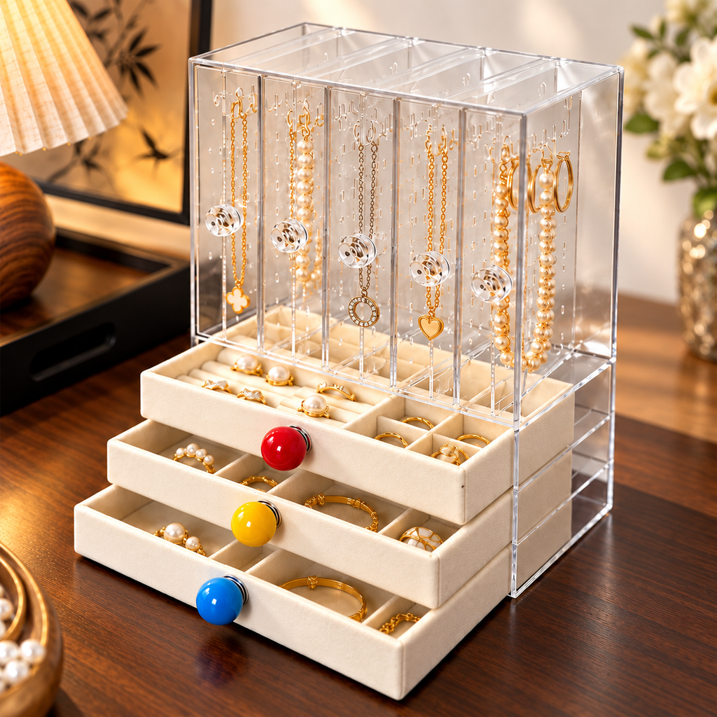 5 open 3 drawer jewelry box
large acrylic cosmetic organizer
beige velvet storage tall
vanity makeup organizer
jewelry box large