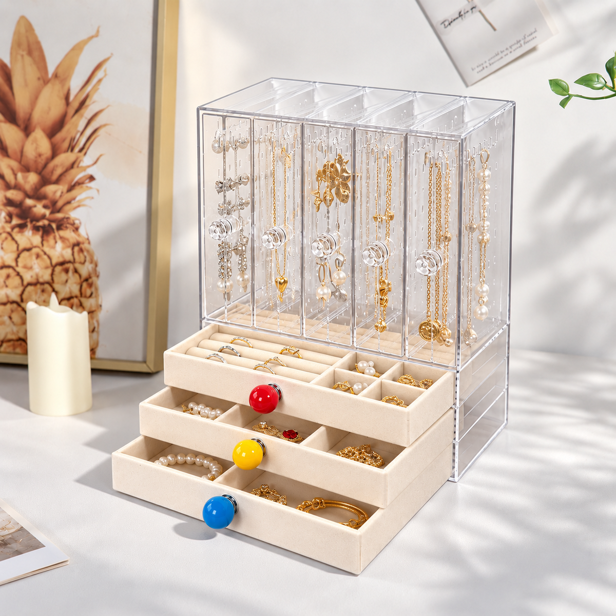 5 open 3 drawer jewelry box
large acrylic cosmetic organizer
beige velvet storage tall
vanity makeup organizer
jewelry box large