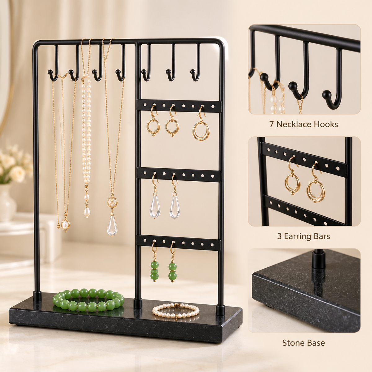 black marble jewelry display stand
heavy base anti tip necklace holder
earring jewelry organizer rack
luxury vanity jewelry stand
wholesale jewelry display
