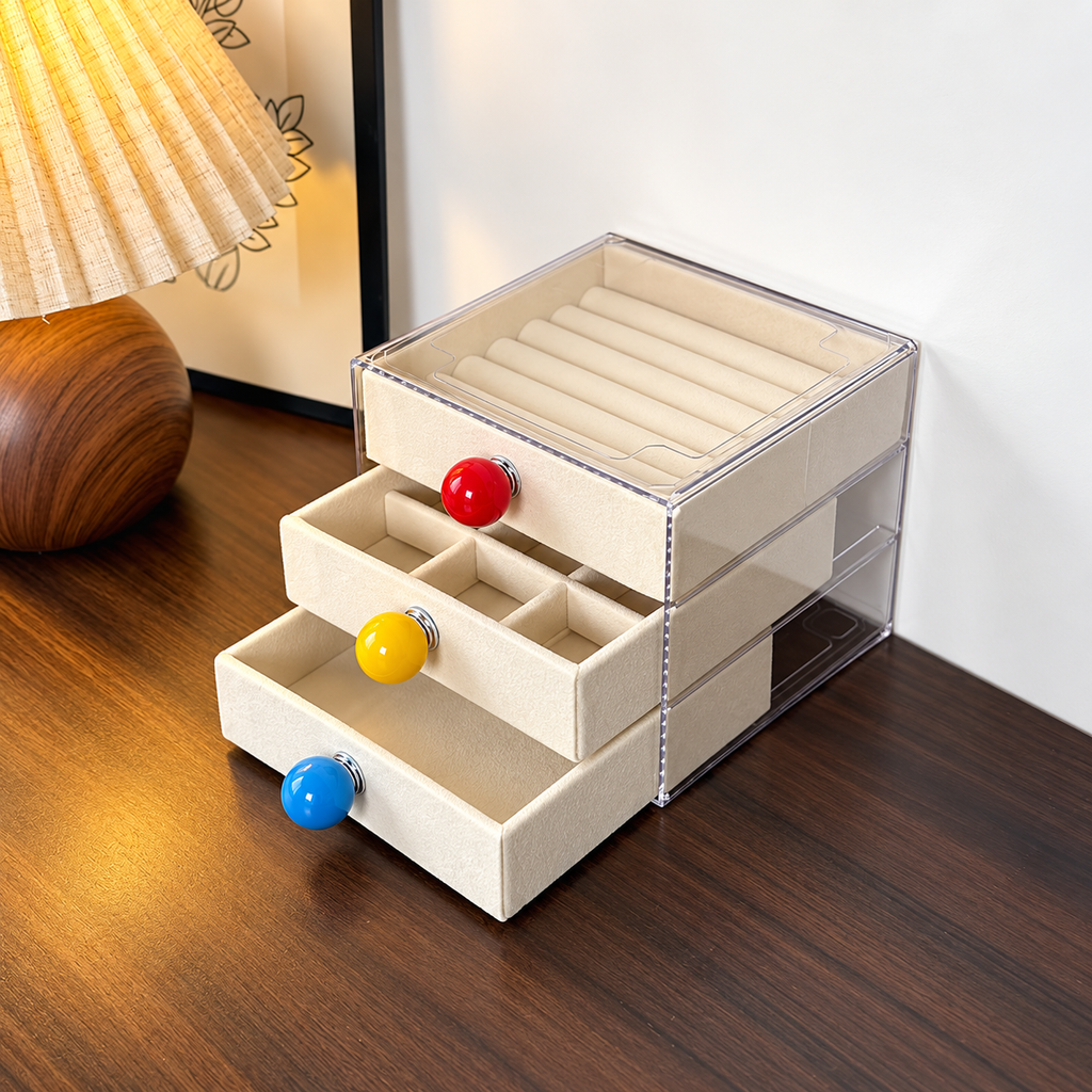 3 drawer jewelry box
narrow acrylic organizer
velvet jewelry storage
clear drawer vanity box
makeup organizer narrow