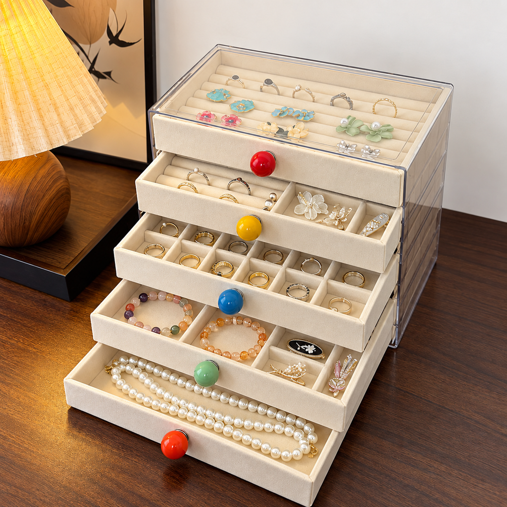 5 drawer jewelry box
acrylic cosmetic organizer
velvet jewelry storage
clear drawer vanity box
makeup organizer with drawers