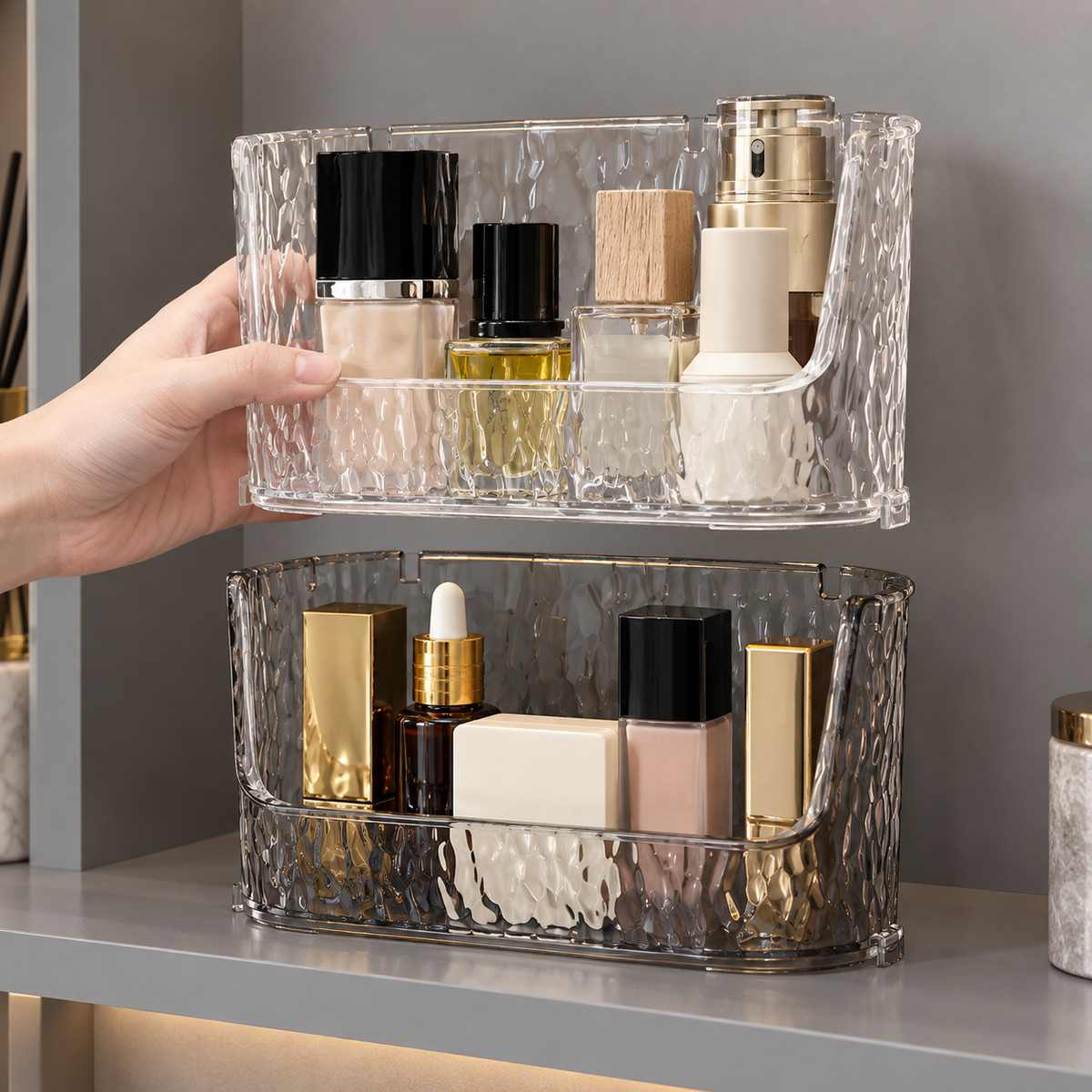 transparent mirror box
wall shelf with mirror
tree texture storage
acrylic mirror box
bathroom vanity organizer