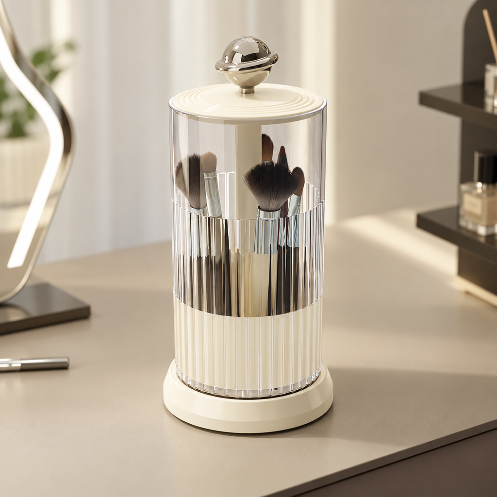 rotating makeup brush holder
press open cosmetic organizer
white makeup brush cup silver ball
vanity brush holder 360
bathroom toothbrush holder