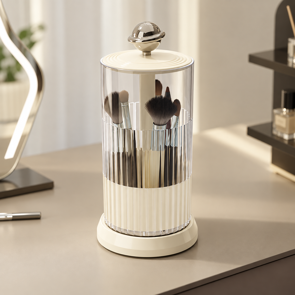 rotating makeup brush holder
press open cosmetic organizer
white makeup brush cup silver ball
vanity brush holder 360
bathroom toothbrush holder
