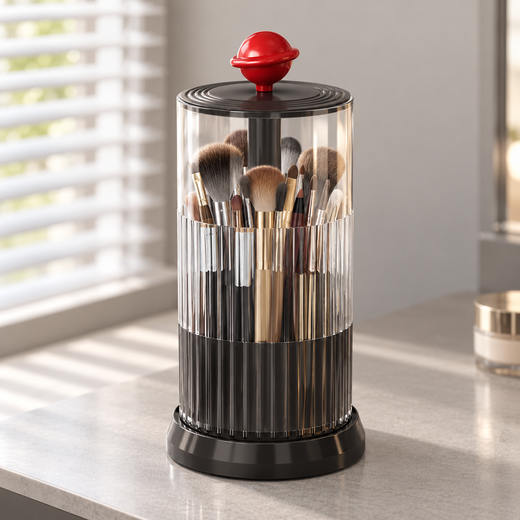black rotating makeup brush holder
press open cosmetic organizer
black makeup brush cup red ball
vanity brush holder 360
black bathroom organizer