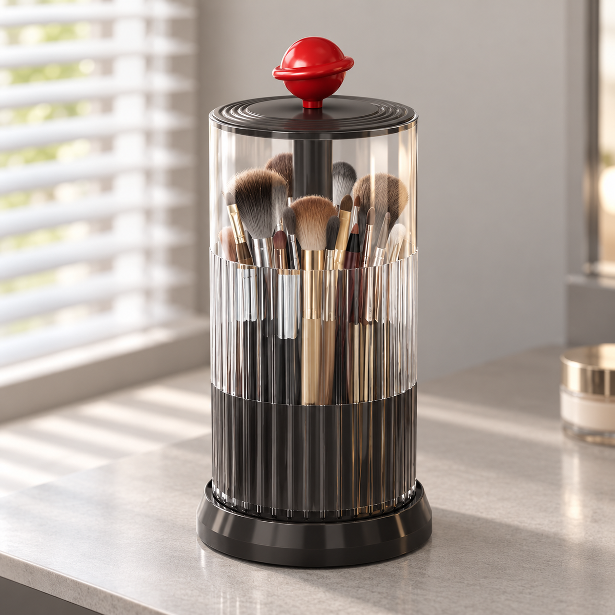 black rotating makeup brush holder
press open cosmetic organizer
black makeup brush cup red ball
vanity brush holder 360
black bathroom organizer