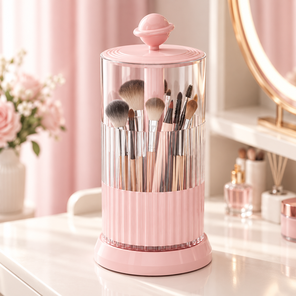 pink rotating makeup brush holder
press open cosmetic organizer
pink makeup brush cup
vanity brush holder 360
pink bathroom organizer
