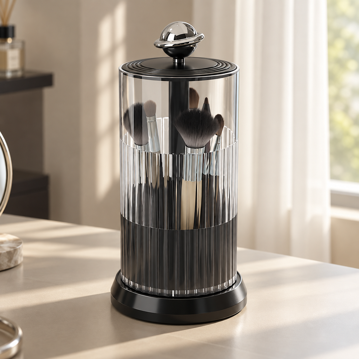black rotating makeup brush holder
press open cosmetic organizer
black makeup brush cup silver ball
vanity brush holder 360
black bathroom organizer