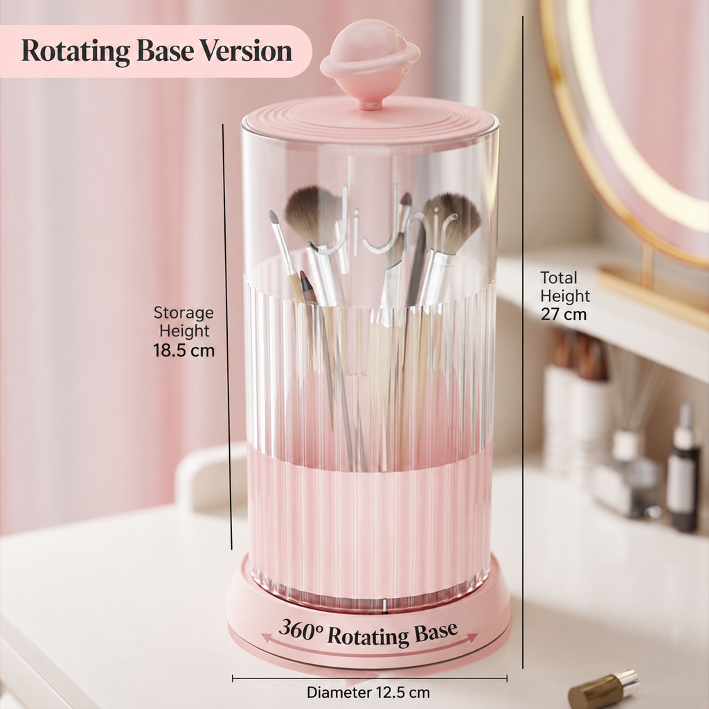 pink rotating makeup brush holder
press open cosmetic organizer
pink makeup brush cup
vanity brush holder 360
pink bathroom organizer